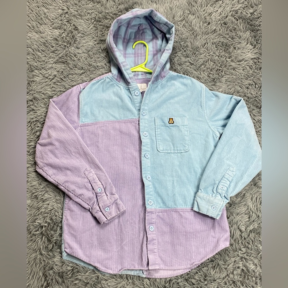 Teddy Fresh Corduroy Hoodie Shirt Mens Small Purple Color Block Long Sleeve